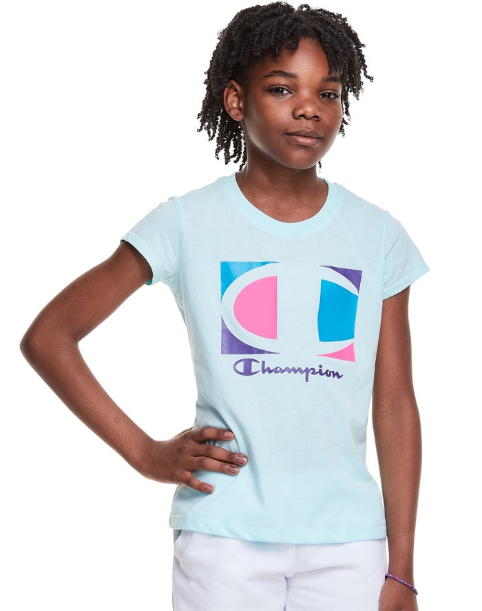 Champion Classic Graphic Colorblock Logo T-Shirt Meisjes - LichtBlauw - Belgie 8309YTBMD